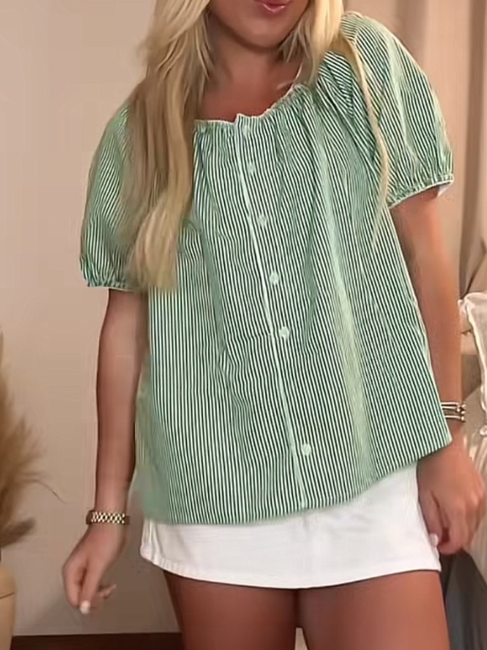 Green gingham Button Puff Sleeve Top